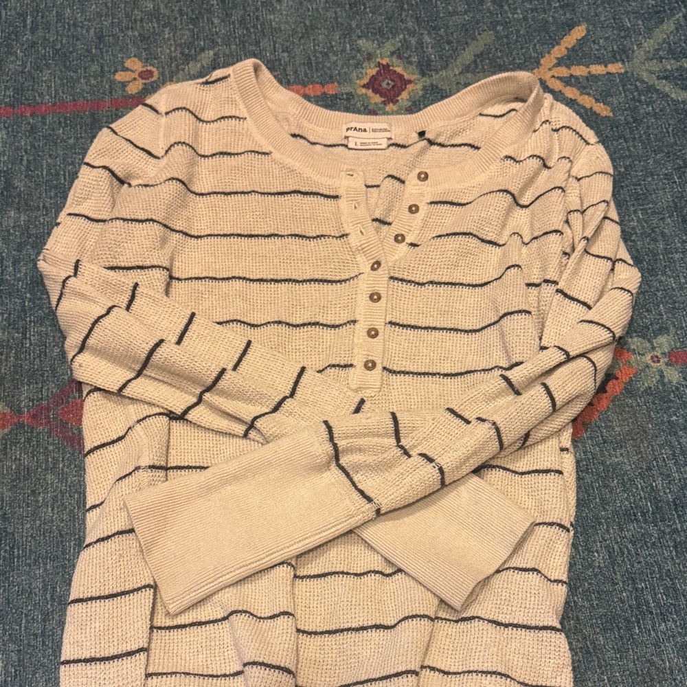 Prana Cream and Black Striped Long Sleeve Henley Tee